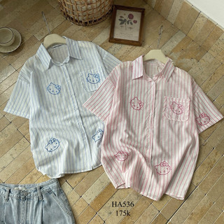 Áo Sơ Mi Kẻ Mỏng Tay Cộc In Hello Kitty BOCONGANH HA536 Hàng Quảng Châu NEW START