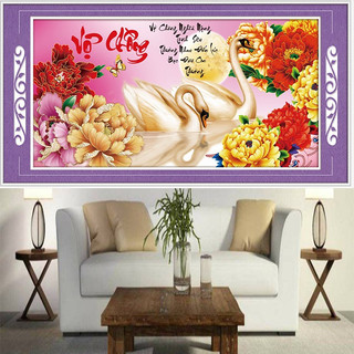 Tranh thêu vợ chồng thiên nga hoa mẫu đơn 88908 - kích thước: 60 * 33cm. (TRANH CHƯA LÀM)