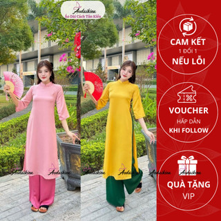 Áo dài xuông dáng xưa lụa Tây Thi xịn 2 tà, tay lỡ có đính hạt Ngọc bên vai A62 Áo Dài Cách Tân Kiều