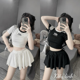 Set đầm nữ xoè ngắn cute áo crotop chữ ngực basic a21