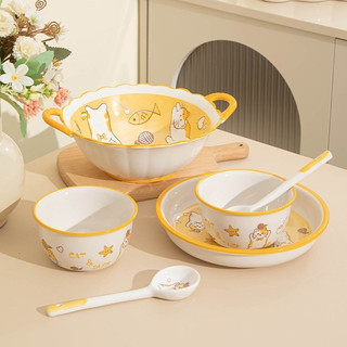 Set 2 Bát cơm kèm thìa , chén ăn cơm bằng sứ hoạ tiết mèo vàng. Mẫu mới dễ thương