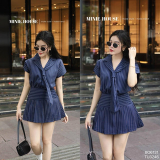 Set kẻ tay hến cổ vest cavat mix chân váy xếp ly có lót quần