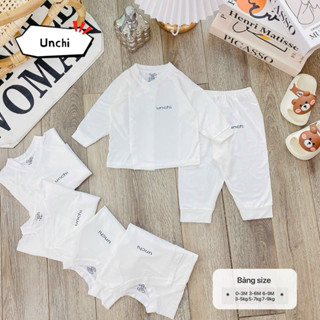 Bộ Quần Áo Dài Tay UnChi Cúc Bấm Cài Chéo Cho Bé Sơ Sinh từ 3-8kg Màu Trắng In Hình Mềm Mát, Thoải Mái Chất Thun Lạnh