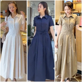 Đầm váy freesize midi cổ sơ mi xếp li eo 3 màu phong cách hàn quốc