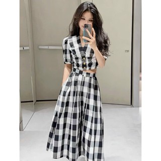 Set freesize áo kèm chân váy caro đen rosie, váy công chúa, váy tiểu thư