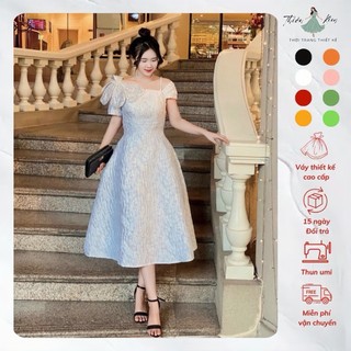 Đầm Xòe Kim Tuyến Nơ Vai Tiểu Thư, Váy Xòe Bông Vai Trung Niên Thiết Kế Bigsize Mã Xòe X44