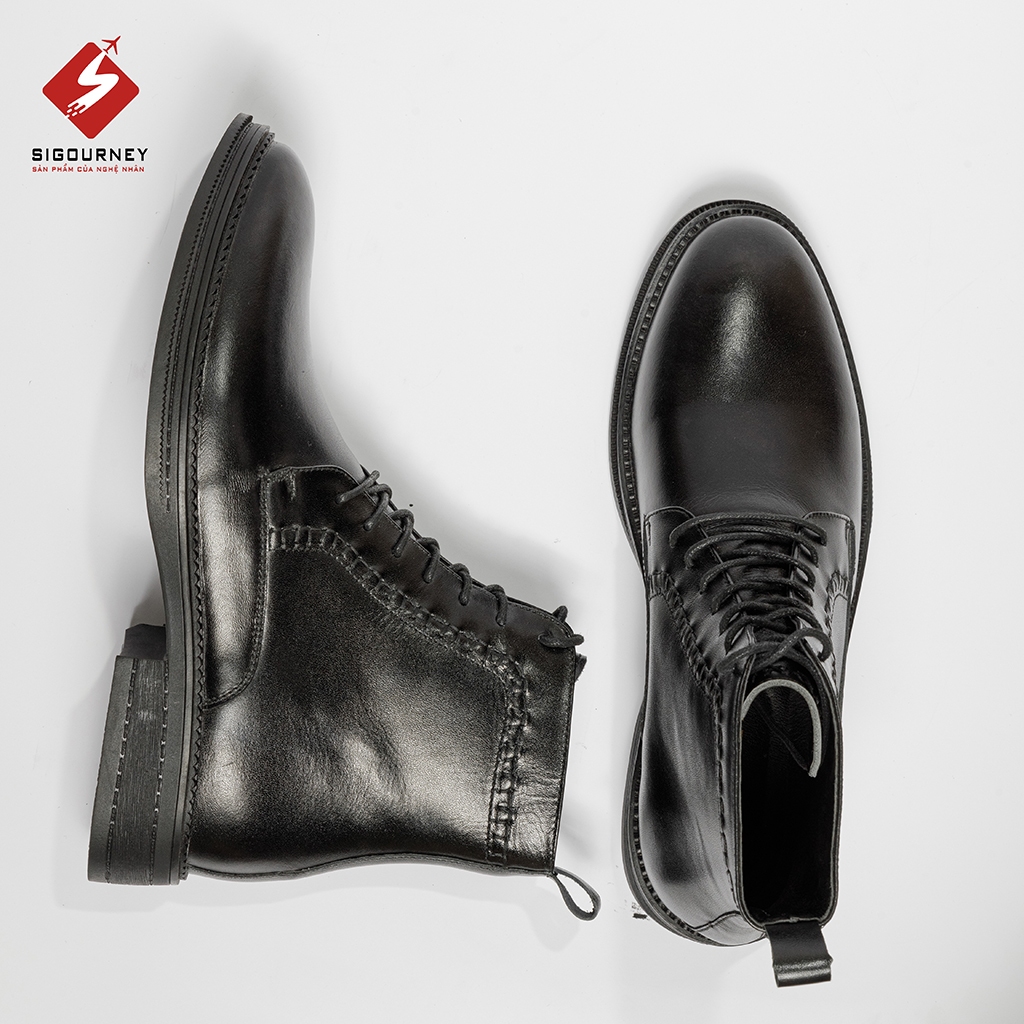 Giày Chelsea Boot Cổ Cao Da Bò Màu Đen SIGOURNEY Có Dây Buộc BOOTS-05 Bảo Hành 18 Tháng