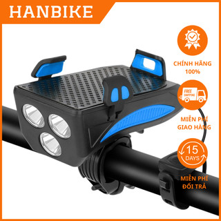 Đèn xe đạp LED 3 bóng có kẹp điện thoại chống nước còi kêu to pin dung lượng cao 4000mah hàng chính hãngđủ phụ kiện