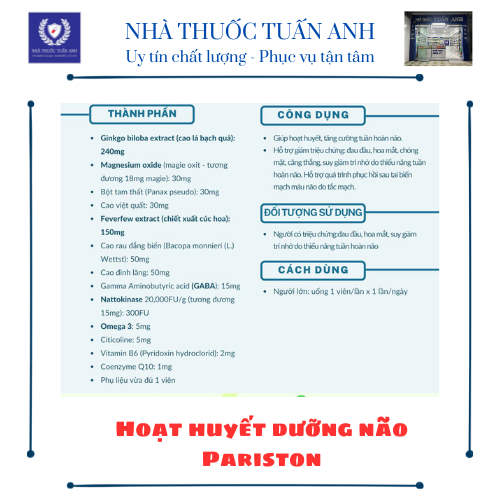 Viên uống bổ não - Hoạt Huyết Pariston (Hộp 1 chai 30 viên)