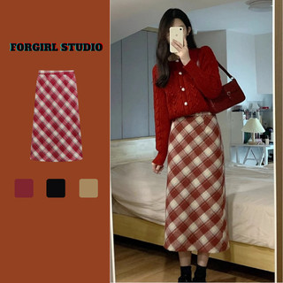 Chân váy dạ kẻ caro Forgirlstudio cạp khóa xẻ tà dáng dài dáng ngắn T010
