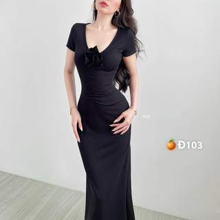 đầm cổ tim tay ngắn dáng dài xoè nhẹ dưới đính hoa to ngực