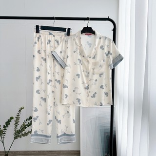 Bộ mặc nhà Pyjama chất lụa TEA tay cộc quần dài họa tiết cherry