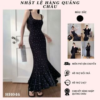 Đầm đuôi cá cổ vuông phối hoạ tiết hoa nhí 1 màu phong cách Pháp hàng QC cao cấp -HH046