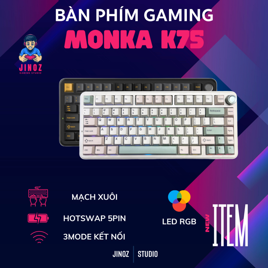 Bàn phím cơ không dây Monka K75 | 3 mode | RGB | Hotswap
