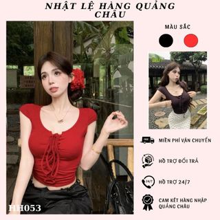 Áo thun cổ vuông dáng crottop ôm body tay ngắn phối dây giữa áo mới lạ , cá tính hàng QC-HH053