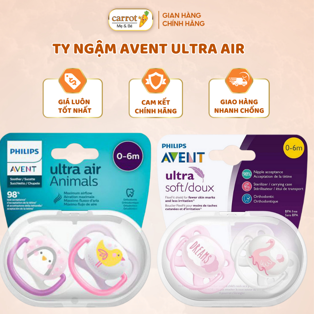 Ti Ngậm Avent Ultra Air Animals 0-6M, Ti Giả Avent Ultra Soft Doux Cho Bé 0-6M