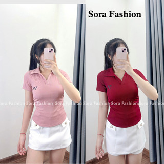  Áo Thun Polo Thêu Hình Nơ Rúm Sườn Form Ôm Sora Fashion,Áo Basic Nữ Dáng Trẻ Trung Năng Động Chất Liệu Thun Tăm 156 