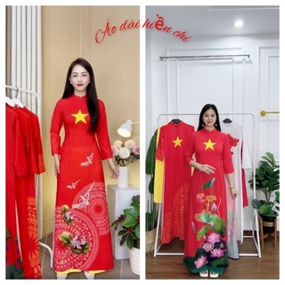 Áo dài cờ đỏ sao vàng sen tà/ áo sao sen trống đồng trắng đủ size từ 40 - 80 kí