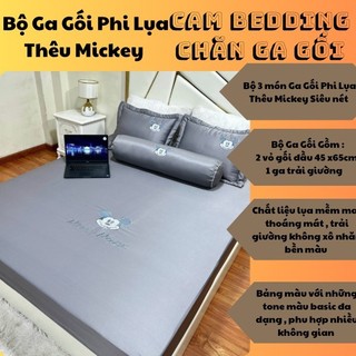 Lụa || Set Ga Gối Phi Lụa Thêu Mickey Ga + 2 Vỏ Gối Đầu Cao Cấp