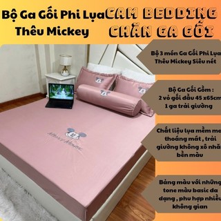 Lụa || Set Ga Gối Phi Lụa Thêu Mickey Ga + 2 Vỏ Gối Đầu Cao Cấp