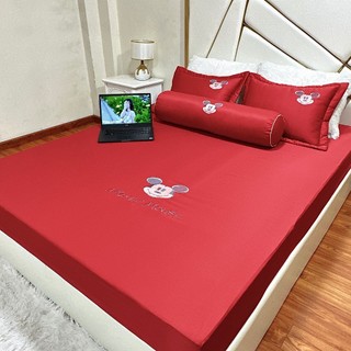 Lụa || Set Ga Gối Phi Lụa Thêu Mickey Ga + 2 Vỏ Gối Đầu Cao Cấp