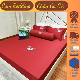 Lụa || set ga gối phi lụa thêu mickey ga + 2 vỏ gối đầu cao cấp