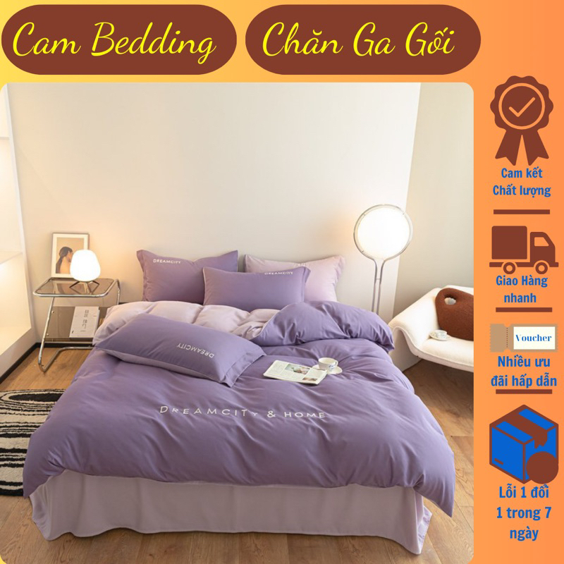 Cotton Linen || Bộ 4 Món Chăn Ga Gối Cotton Linen Thêu DreamCity Phong Cách Hiện Đại