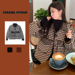 Áo khoác dạ tweed lót phao Forgirl phối da họa tiết kẻ caro FG007
