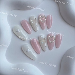 L057 Nailbox thiết kế màu hồng đính tim ngọc trai