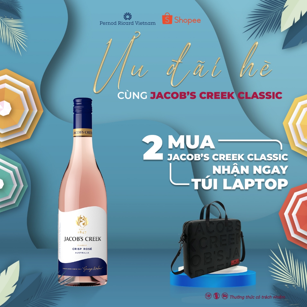 Combo Rượu Vang Hồng Jacob's Creek Classic Crisp Rosé nồng độ 12.5%vol 750ml Không Kèm Hộp 2 chai tặng túi Laptop