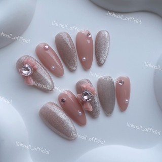 L058 Nailbox thiết kế mắt mèo hồng đính nơ đá