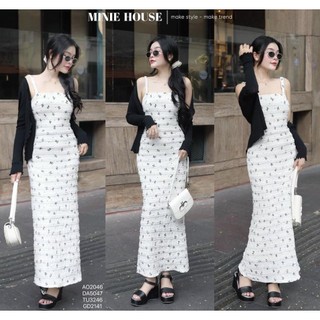 Sét đầm hai dây sang chảnh, đầm thun ren hai dây BODY họa tiết nơ dáng dài kèm khoác tăm lạnh 2 tone màu siêu tôn dáng
