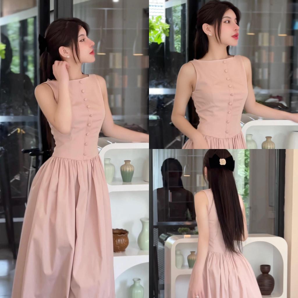 Váy liền M68 xoè dài phối cúc bọc