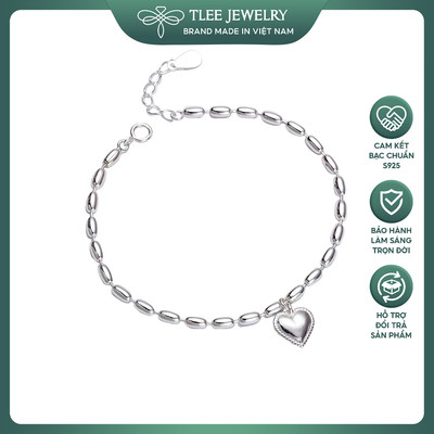 Lắc tay bạc nữ TLEE dạng dây hạt thóc treo mặt tim hạt xinh xắn TLEE JEWELRY LT0245