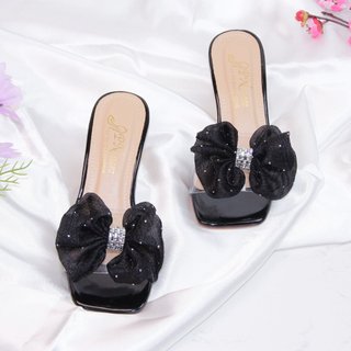 Guốc cao gót vuông trong xoắn 6p quai bản trong kết nơ ren chấm đá - G78