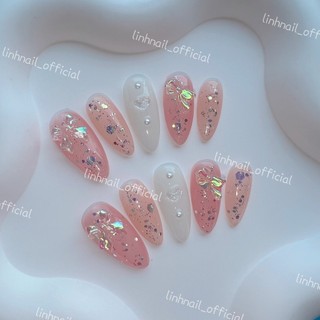 L062 Nailbox thiết kế màu hồng thạch mix nhũ rắc đính nơ