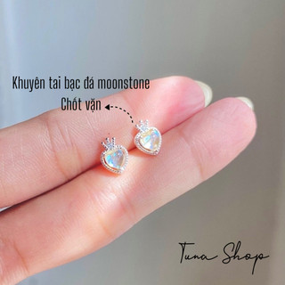 Khuyên tai bạc tim moonstone vương miện chốt ren bi TUNA SILVER, Bông tai nụ bạc nữ gắn đá đổi màu ngũ sắc chốt vặn
