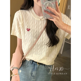 (Có Sẵn) Áo len cộc tay cổ tròn thêu tim đỏ, Áo len vặn thừng mềm mịn phong cách thời trang Hàn Quốc cho nữ ALCT110