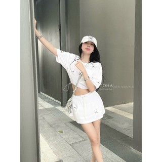 [ HOT HIT ] Set Váy Áo Crop Đính Nơ Nhỏ