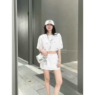 [ HOT HIT ] Set Váy Áo Crop Đính Nơ Nhỏ