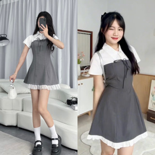 Váy tiểu thư Đầm kiểu phối sơ mi  V04 công sở thanh lịch thiết kế chất xước hàn bánh bèo Firstdateclothing