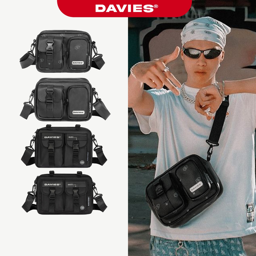 Túi đeo chéo đựng máy tính bảng DAVIES nam nữ vải canvas, da chống nước màu đen nhiều ngăn Two Pocket