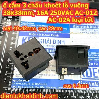2 cái ổ cắm điện AC 3 chấu khoét lỗ vuông 38x38mm, 16A 250VAC AC-012 AC-02A kde5393