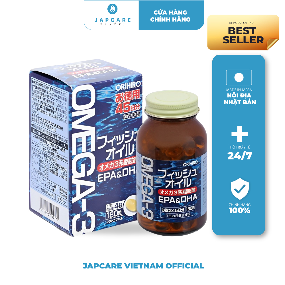 Viên Uống Dầu Cá Omega-3 Orihiro Hỗ Trợ Tim Mạch Cải Thiện Hoạt Động Của Mắt 180 Viên