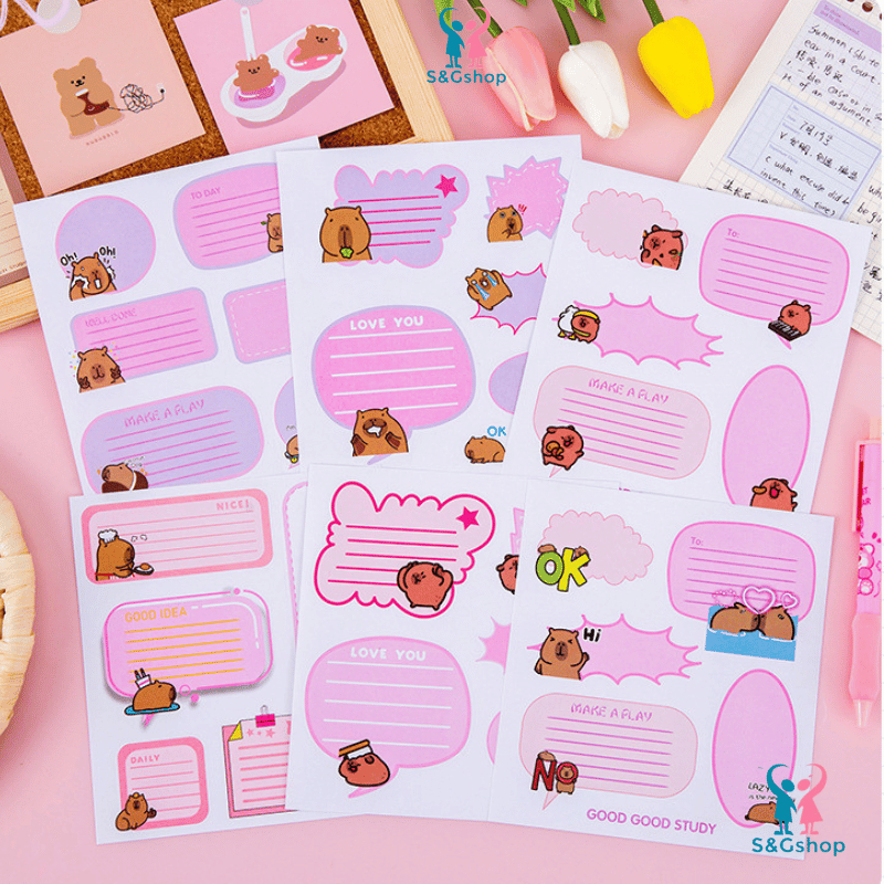 Nhãn dán giấy ghi chú sticky notes set 10 tờ capybara, loopy làm quà tặng đồ dùng học tập