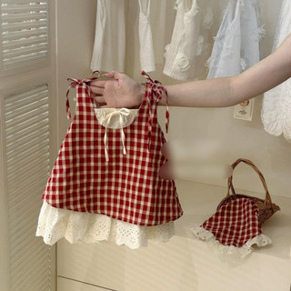 Váy 2s kẻ đỏ phối chân trắng bé gái