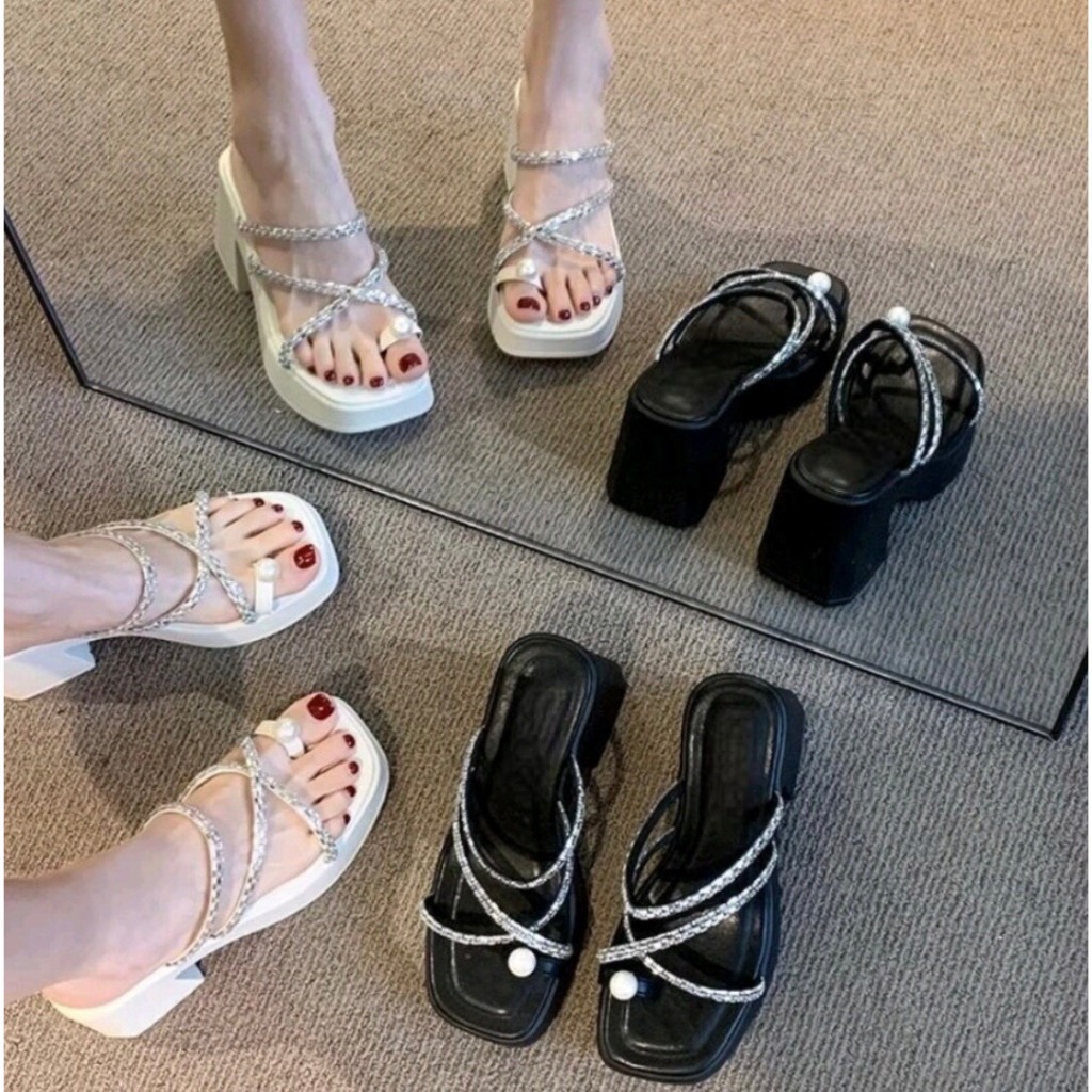 Dép xuồng đế pu siêu nhẹ cao 9cm NGỌC TRINH STORE đính đá lấp lánh phụ hợp đi tiệc đi chơi _MÃ 024_ L1A.