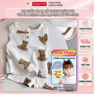 YM45 - Bộ Ba Lỗ Yang Mi Cúc Trụ Vải Xô Muslin Cho Bé Bộ Sát Nách Hình Khủng Long Và Gấu Cho Bé 5 -15Kg