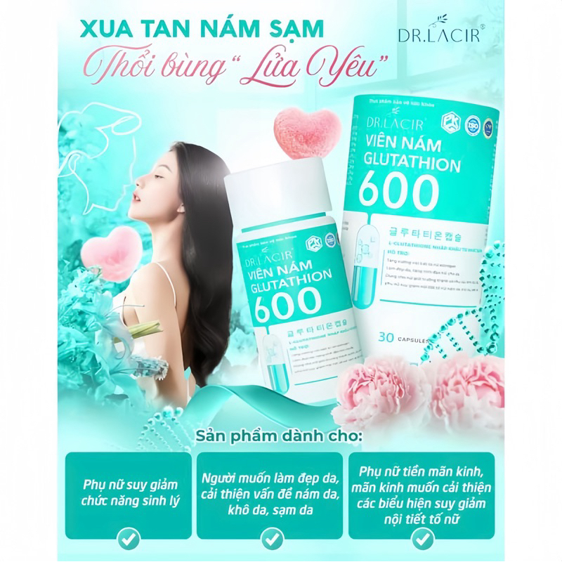 [Chính hãng] Viên Uống Glutathione 600 Drlacir Hộp 30 viên,Giúp trắng da,ngừa nám,hạn chế lão hoá da,cân bằng nội tiết