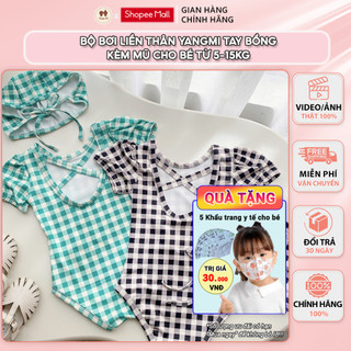 YM35-Bộ đồ bơi liền thân Yang Mi cho bé gái 5-15kg bodychip tay bồng hoạ tiết bộ bodysuit một mảnh kèm mũ vải cotton mềm